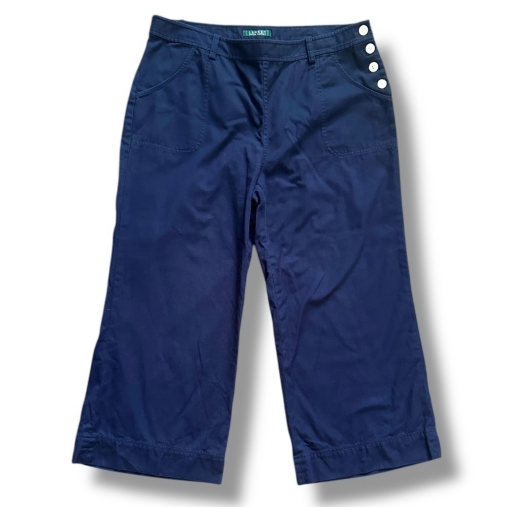 Lauren Ralph Lauren Navy Blue Cotton Button Crop Pant Women's Size 14 Nautical